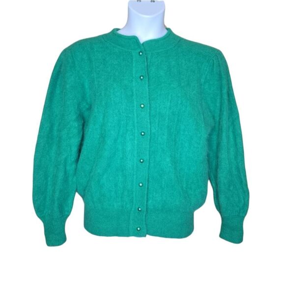 VINTAGE kelly green angora lambswool pearl button cardigan sweater M/L - Picture 1 of 9